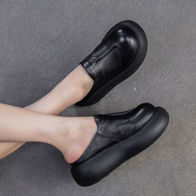 GKTINOO 2026 Nouvelles sandales d'été à semelle épaisse en cuir véritable à bout rond polyvalentes pour femmes