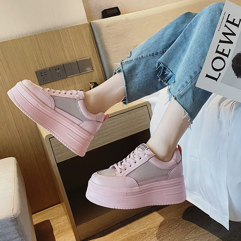 2025 8cm en cuir véritable femmes chaussures décontractées grosses baskets plate-forme compensée talon caché