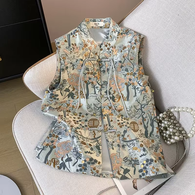 Style chinois hauts femmes Satin broder fleur Hanfu veste nouvelle dame vêtements d'extérieur décontractés Vintage boutonné Cheongsam gilet