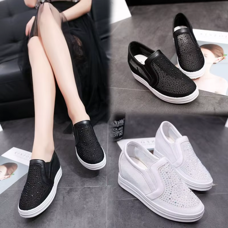 Plate-forme baskets à semelles compensées chaussures en cuir véritable Bling