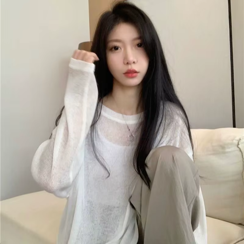 Femmes surdimensionné T-shirt printemps été col rond décontracté mode ample mince à manches longues haut pulls Chic blanc voir à travers T-shirt