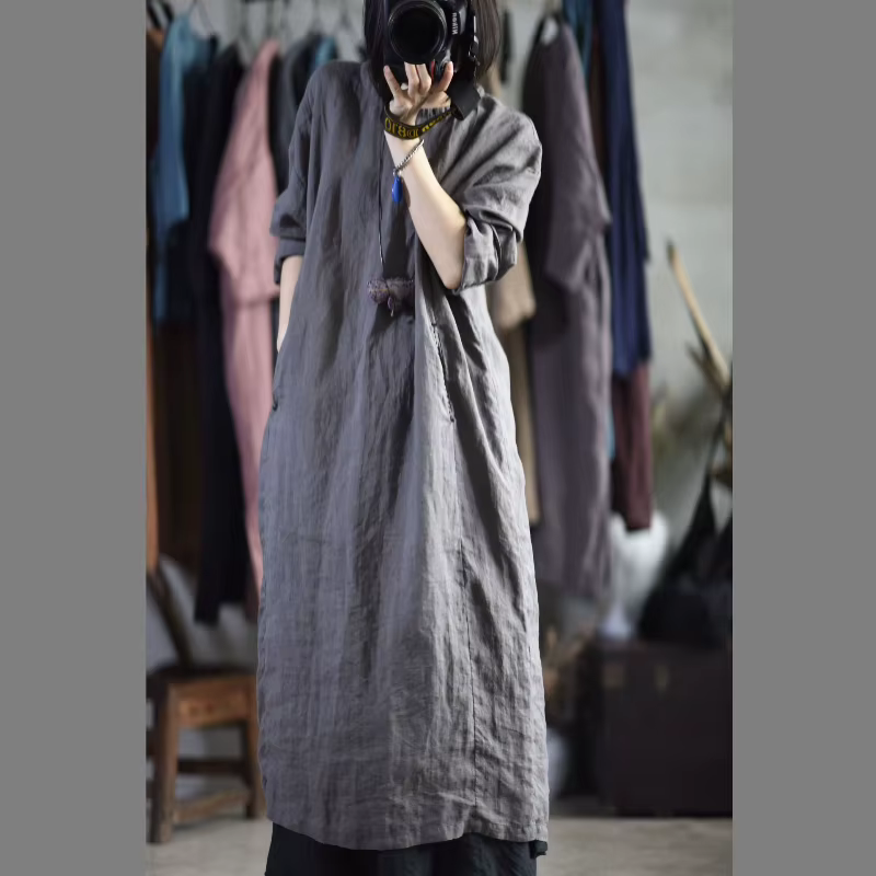 Robe décontractée oversize pour femme, nouvelle collection printemps 2026, style vintage, col rond, manches longues, faite main, coupe ample, en ramie délavée, style défilé