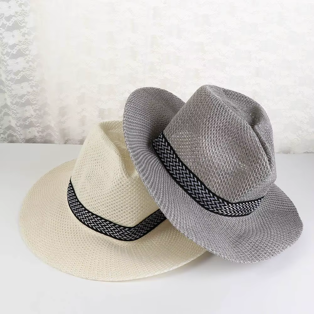 Chapeau de pêcheur tendance pour voyage, style bohème homme/femme, chapeau de soleil pour homme âgé, chapeau Panama couleur unie, chapeau de paille pour homme d'âge moyen