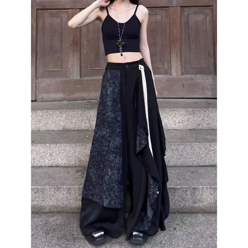 YY – pantalon à jambes larges pour femmes, Design japonais, mode, Style noir foncé, Double couche, culotte inspirée, pantalon irrégulier et élégant