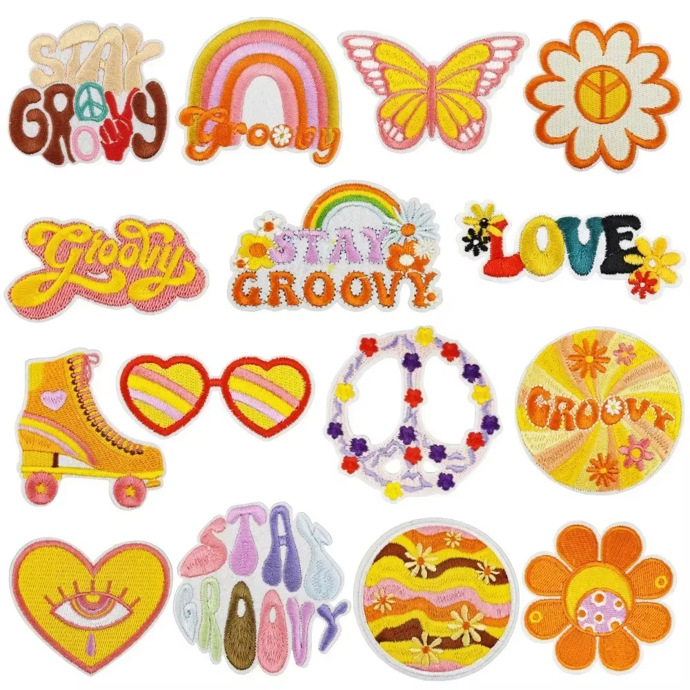 Patchs brodés tournesol de Style Hippie, Bus de la paix, lettres florales, Appliques colorées, emblème d'amour d'auto pour vêtements pour filles groovy