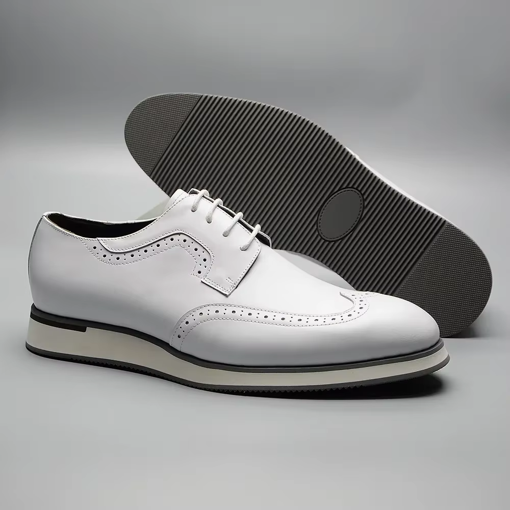 XEBOS hommes blanc été baskets en cuir véritable respirant à lacets aile pointe Derby chaussures décontracté en plein