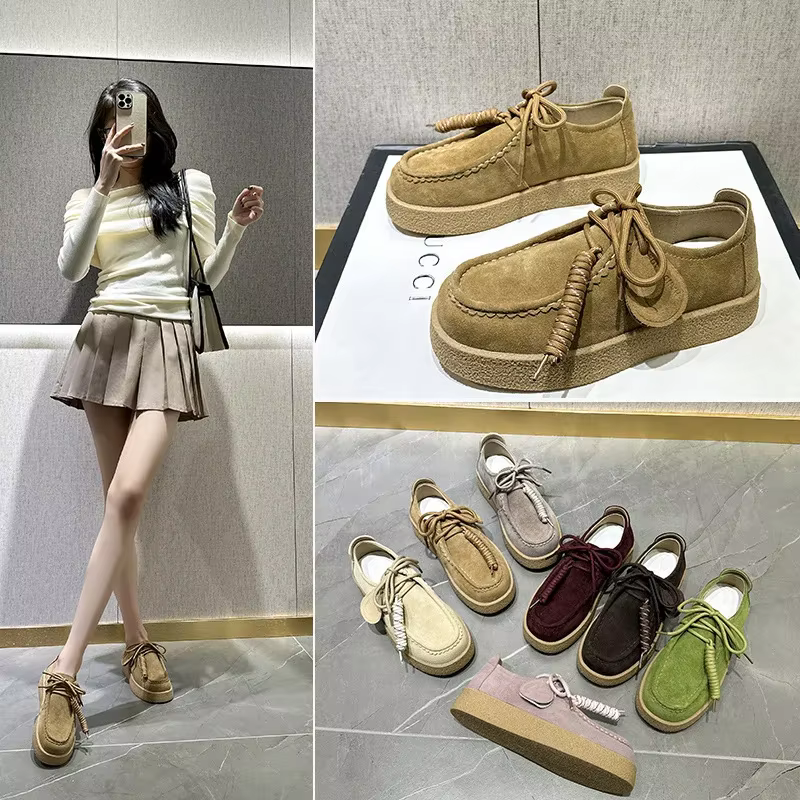 Couples fond épais plate-forme kangourou chaussures bout rond à lacets