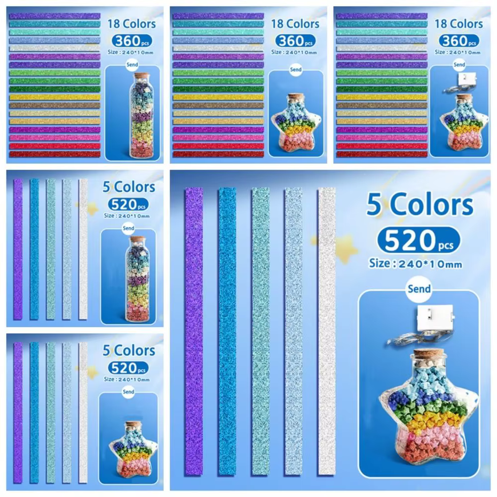 Bouteille en verre, étoiles en origami scintillantes, bandes de papier, étoile en papier, étoile porte-bonheur brillante, bandes de pliage de papier, arts manuels, couleur dégradée