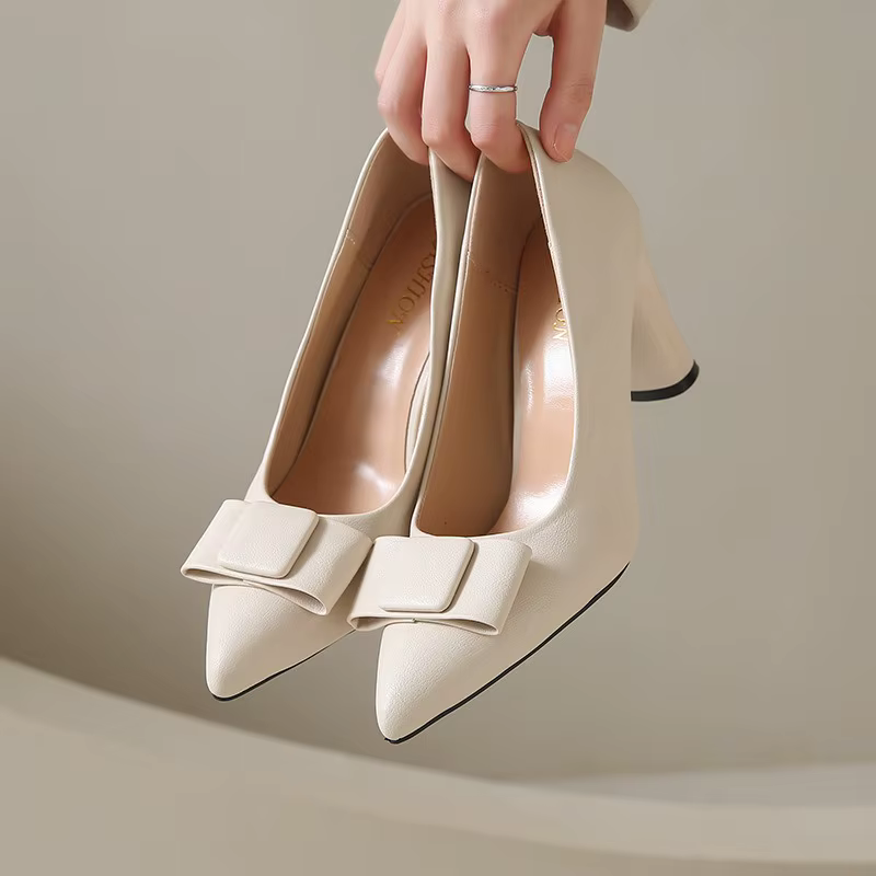 Nouvelles Chaussures Élégantes à Talons pour Femme Printemps-Automne, avec Nœud, Talons Hauts Épais, Bout Pointu, Style Raffiné, Couleur Unie