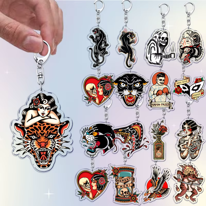 Porte-clés style japonais noir avec tatouages traditionnels pour femmes, accessoires de sac, fleurs roses, crânes, bijoux, cadeaux d'anniversaire