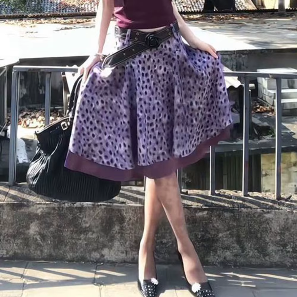 Ensemble style Spice Girl, haut sans manches violet charmant, jupe à pois taille haute, coupe régulière pour femme, été