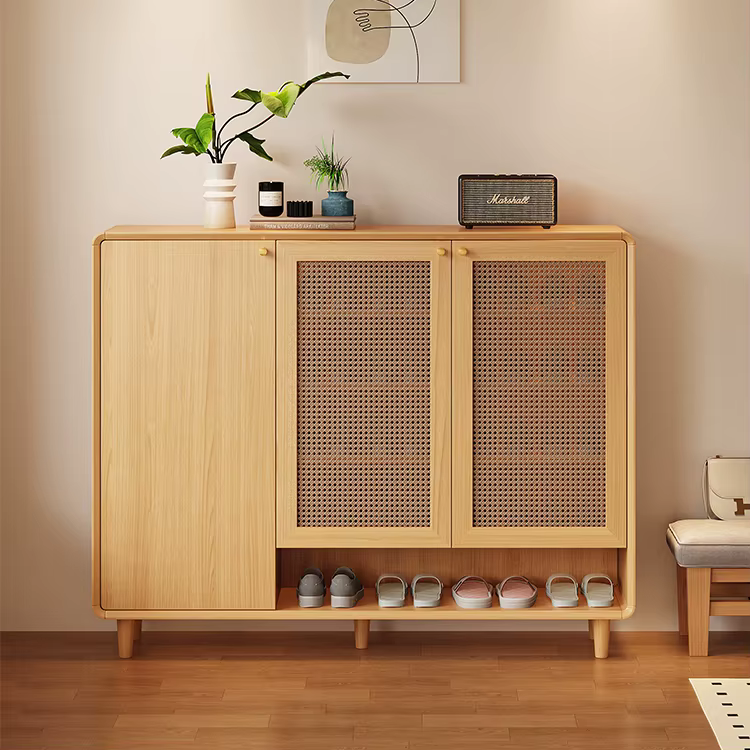 Meuble de rangement pour chaussures en bois et panneaux de roche, étagère à chaussures moderne, grande capacité, motif tressé, pieds en métal, boîte à chaussures d'entrée