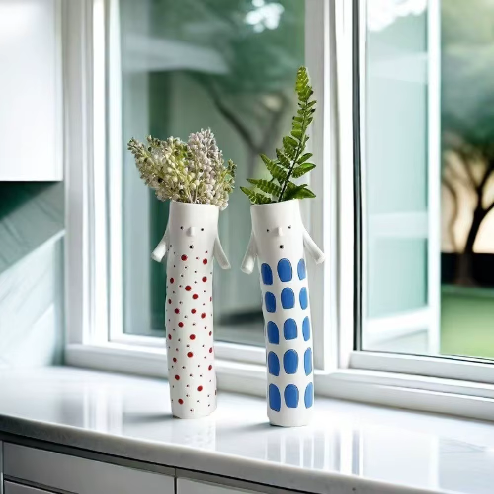 Porte-fleurs en résine peinte de style bohème, vase floral unique et amusant, forme cylindrique, pot de plante fait à la main, ornement de décoration pour la maison