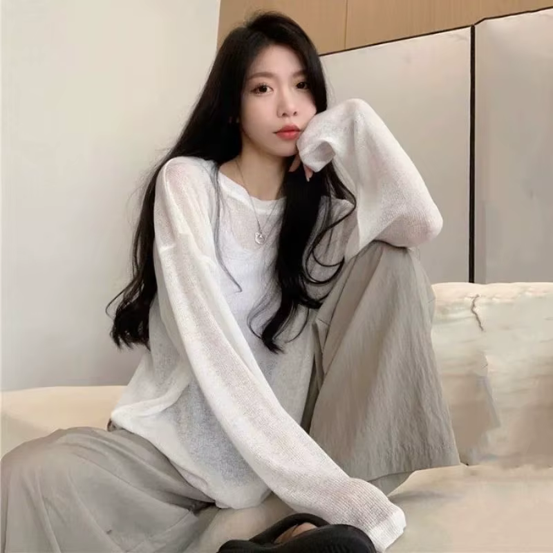 Femmes surdimensionné T-shirt printemps été col rond décontracté mode ample mince à manches longues haut pulls Chic blanc voir à travers T-shirt