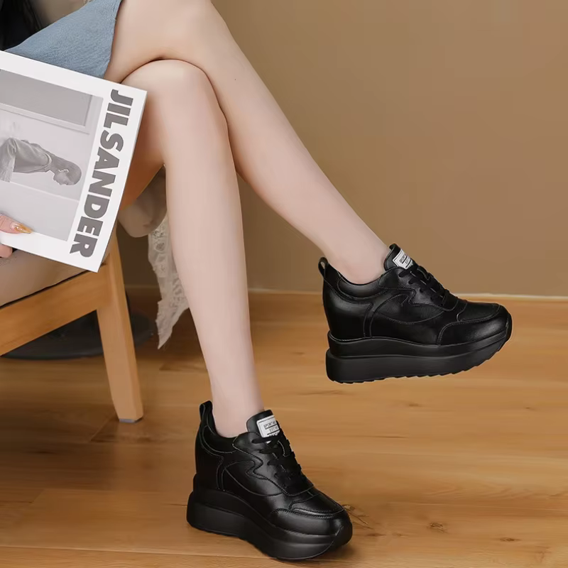 Talons compensés femmes baskets en cuir chaussures de marche hauteur interne augmenter 10 cm femme