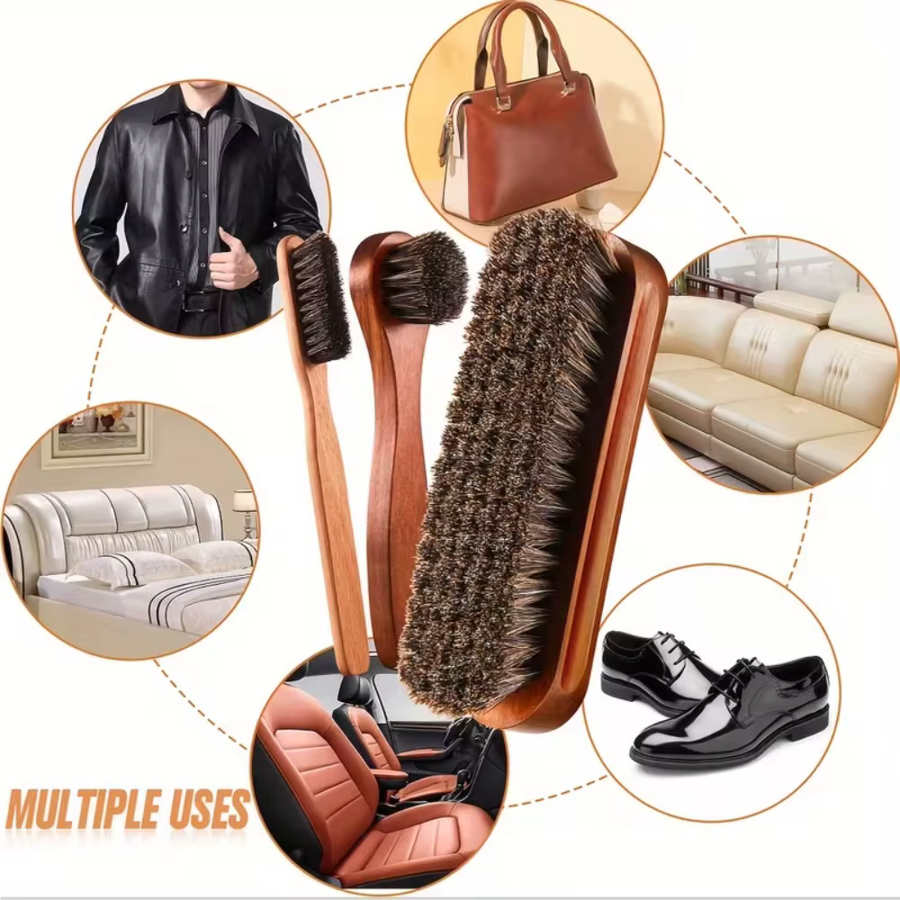 Ensemble de brosses à chaussures en crin de cheval, brosse de nettoyage et de polissage pour bottes en cuir et chaussures en daim, accessoire de nettoyage doux pour voiture, 3 pièces