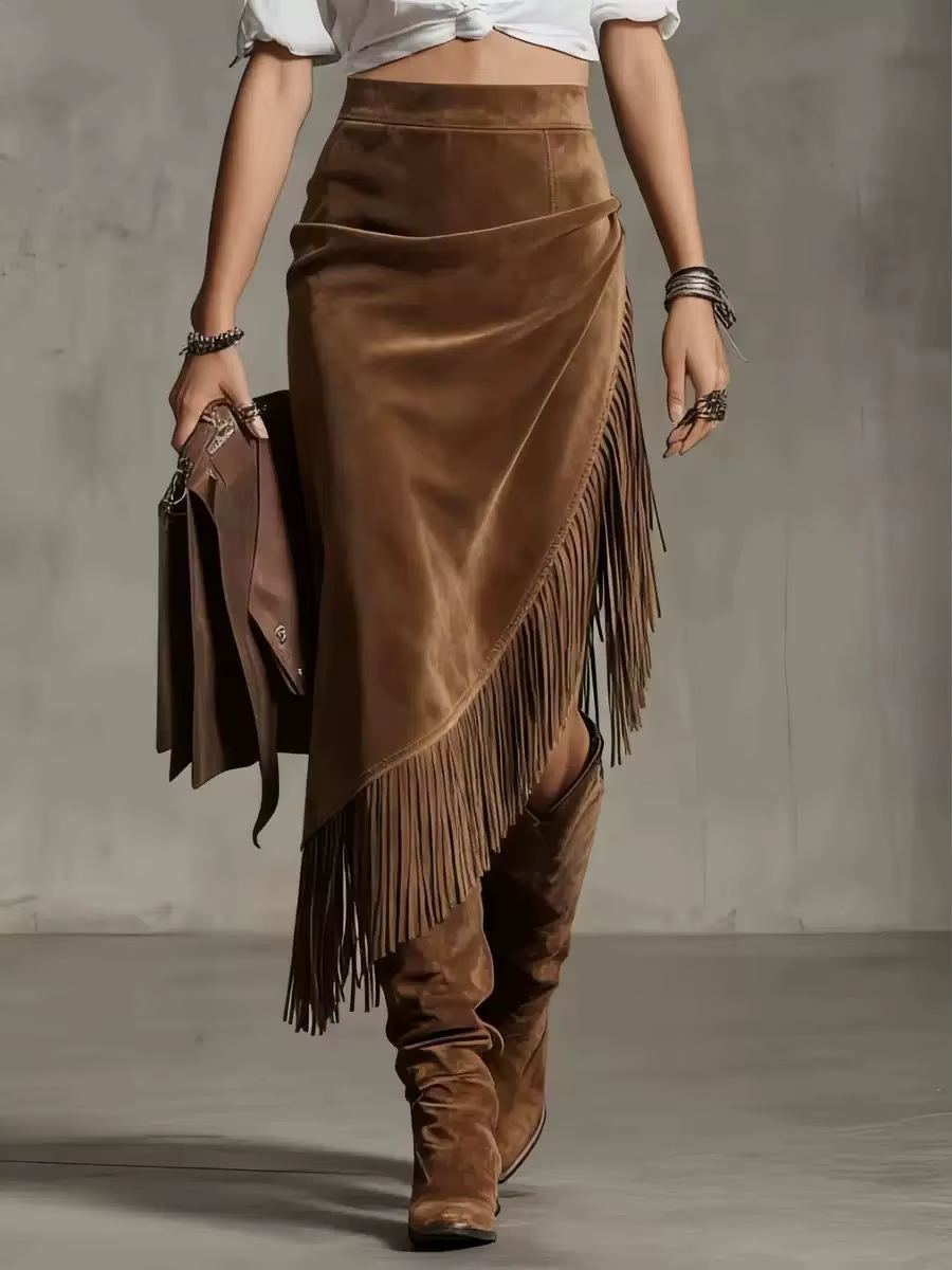 Jupe en daim de style western rétro, design irrégulier, jupe unie