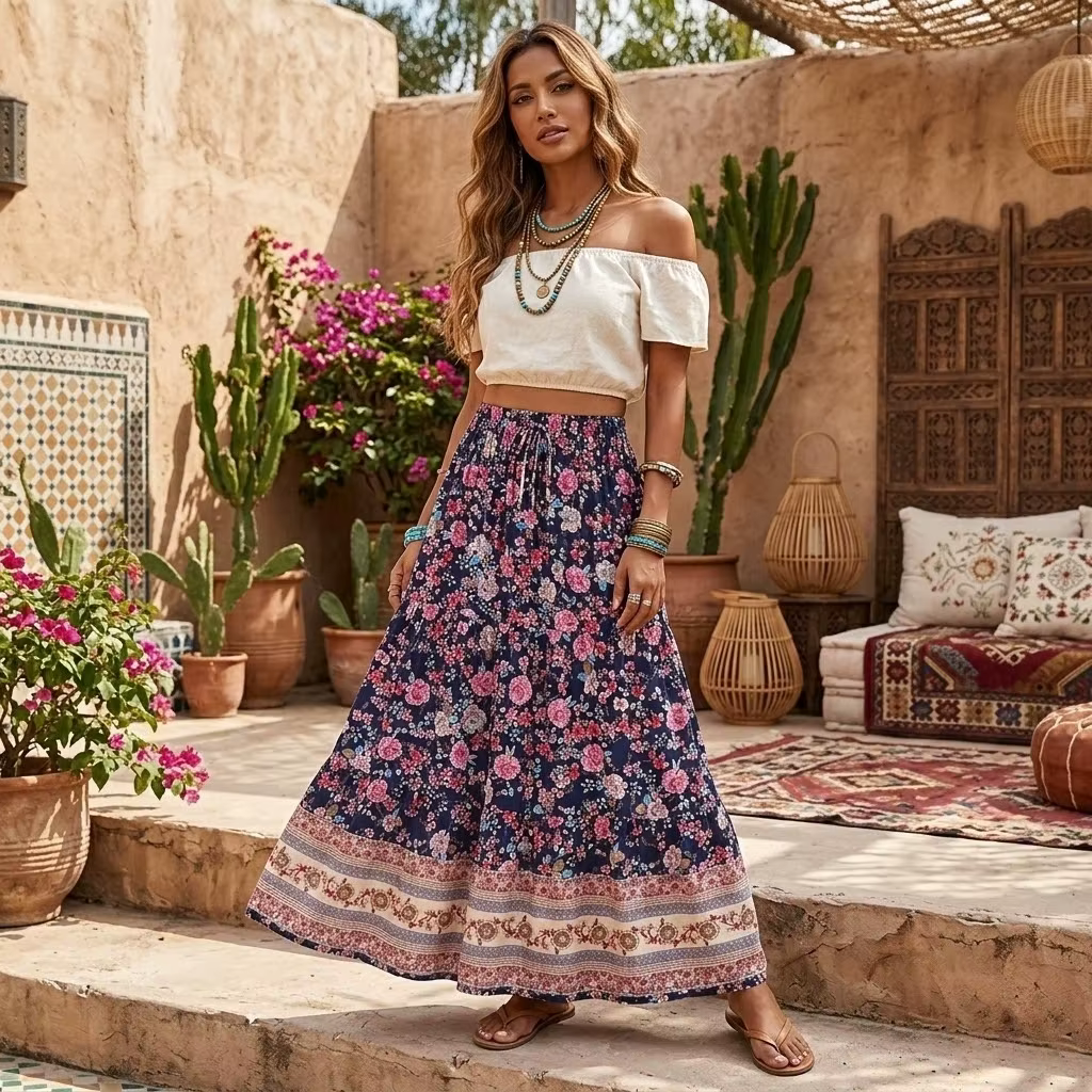 Jupe Vintage Chic à Imprimé Floral pour Femme, Style Bohème, Taille Haute artificiel astique, Gothique, Ligne A, Bohème, Maxi, pour la Plage