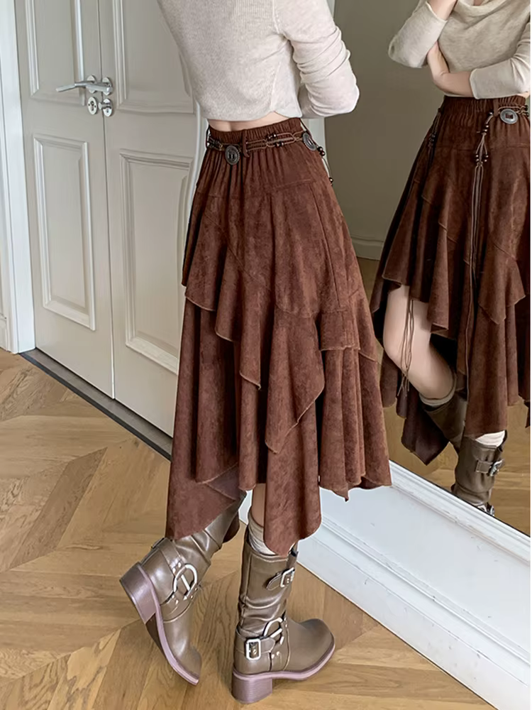 Jupe mi-longue en daim asymétrique rétro américain pour femme, Style bohème, Vintage, automne hiver, jupes trapèze rétro pour dame