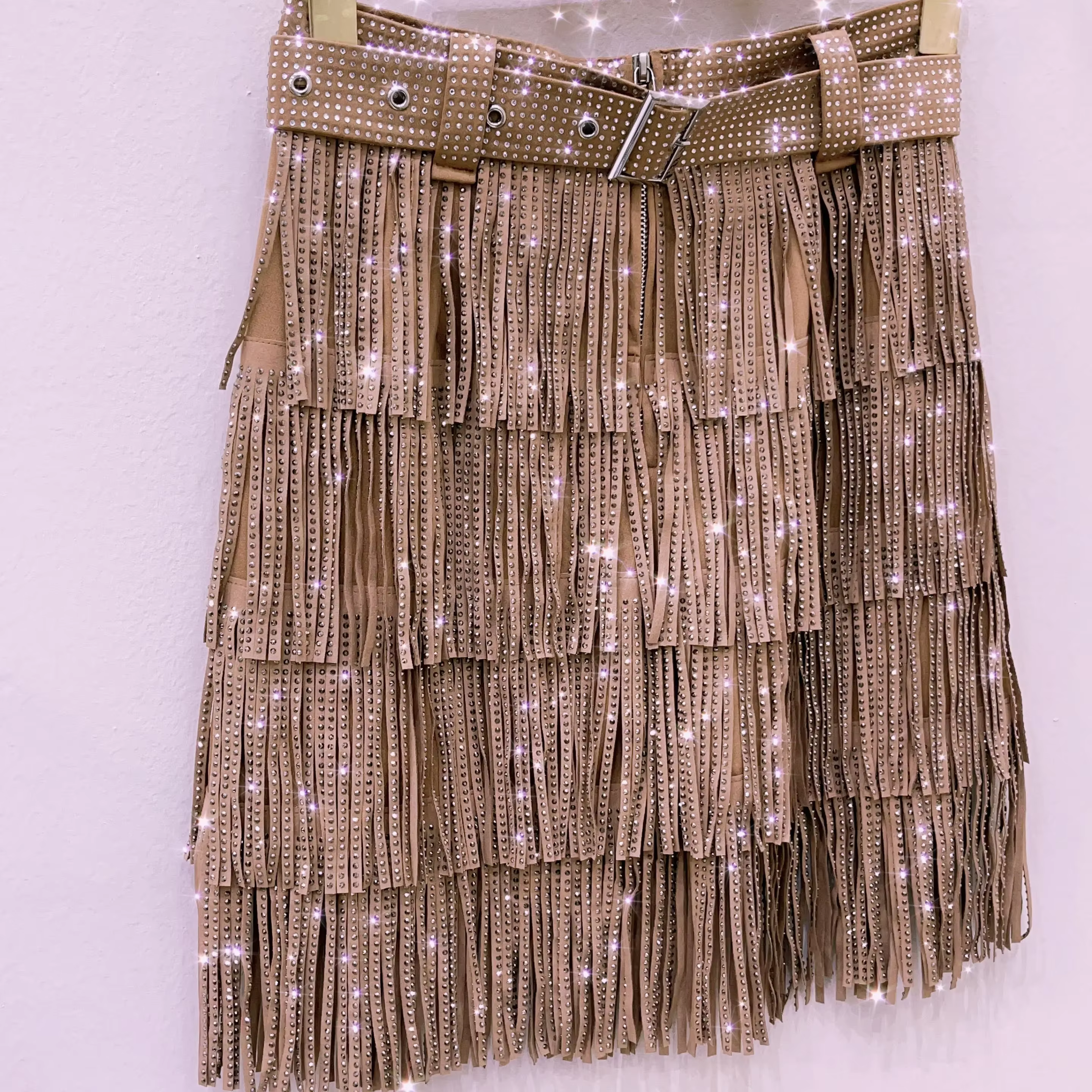 Femmes jupe mode 2025 nouveau automne taille haute ceinture multicouche courte lourde forage strass jupe à franges avec gâteau une ligne