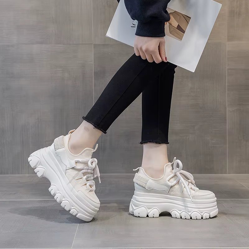 2025 9cm plate-forme baskets à semelles compensées en cuir véritable femmes chaussures grosses