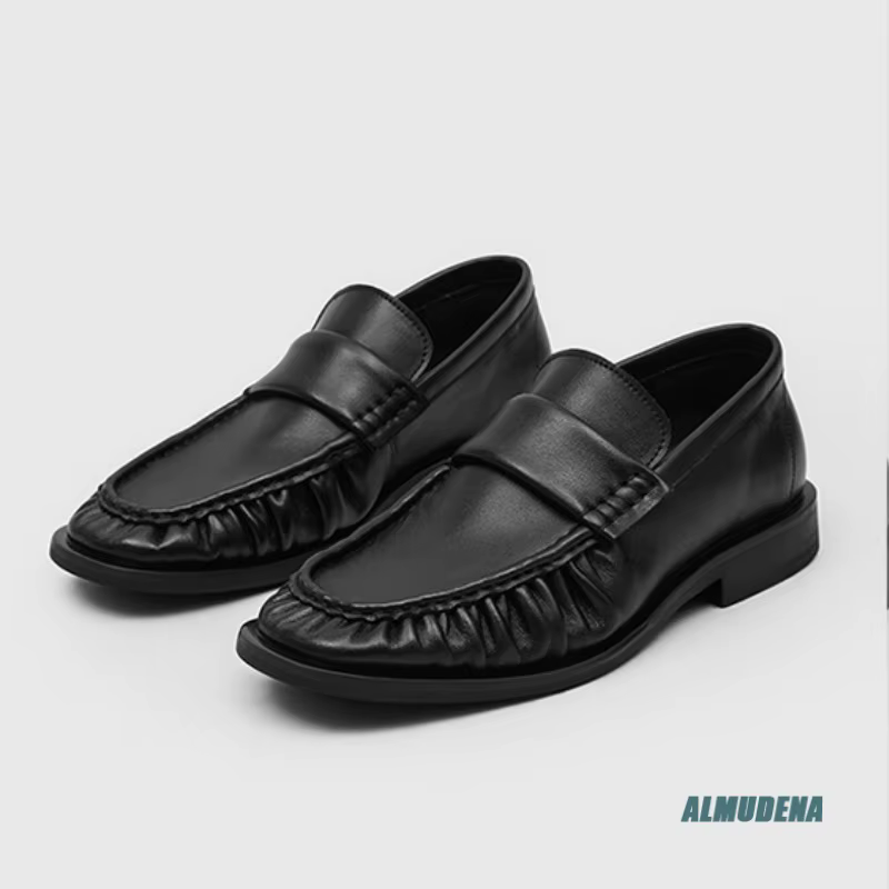 Mocassins décontractés pour hommes à bout carré en cuir véritable noir, à enfiler, à talon bas, style streetwear urbain, pour l'extérieur, mode minimaliste, chaussures de travail