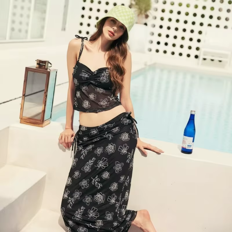 Maillot de bain style Ins pour femme, ensemble trois pièces rétro de vacances, imprimé floral brodé, amincissant, avec longue camisole et jupe, confortable