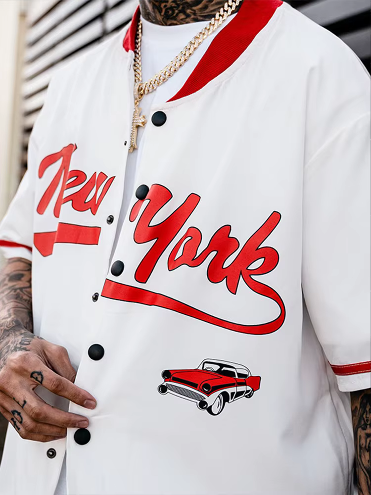 Chemise surdimensionnée Hip Hop pour hommes, imprimé graphique, manches courtes, haut ample, Streetwear, Style Y2K, col montant, chemises boutonnées
