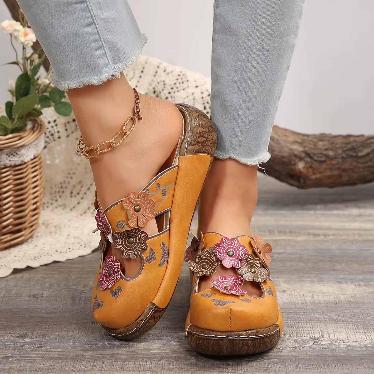 Sandales d'été ethniques à fleurs pour femmes