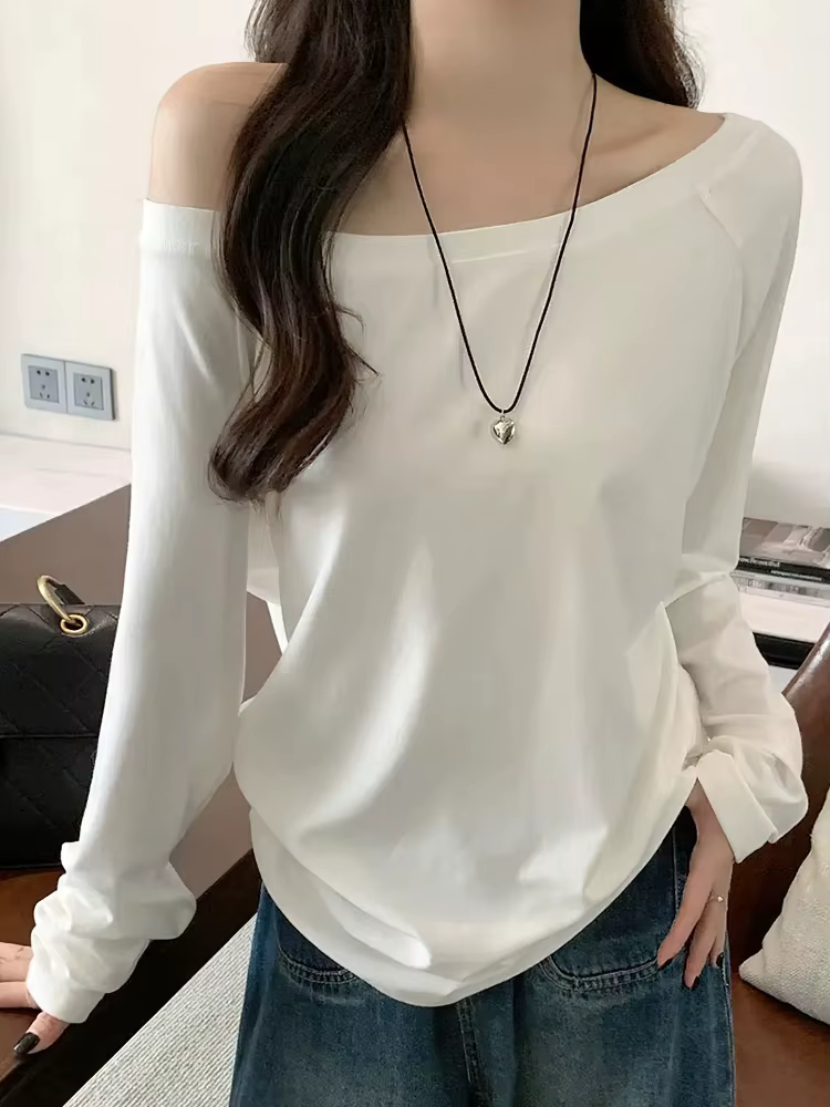 T-shirt oversize à épaules dénudées et manches longues pour femme, couleur unie, hauts décontractés, t-shirts basiques pour femme, style coréen, chemisiers jeunesse printemps automne