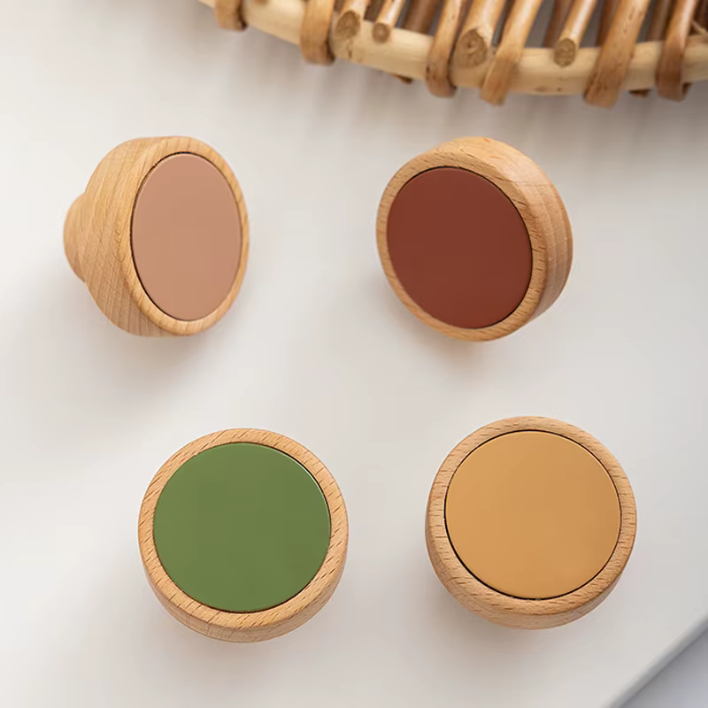Poignée en bois massif de style japonais Wabi-Sabi avec couche supérieure en bois naturel et texture en cuir de vachette pour portes et tiroirs de meubles
