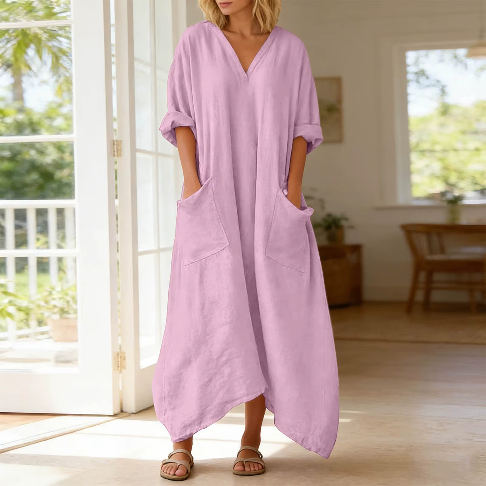 Robe d'été décontractée surdimensionnée pour femmes, col en V, manches 3/4, robes maxi avec poches, couleur unie, robe longue de plage pour les vacances