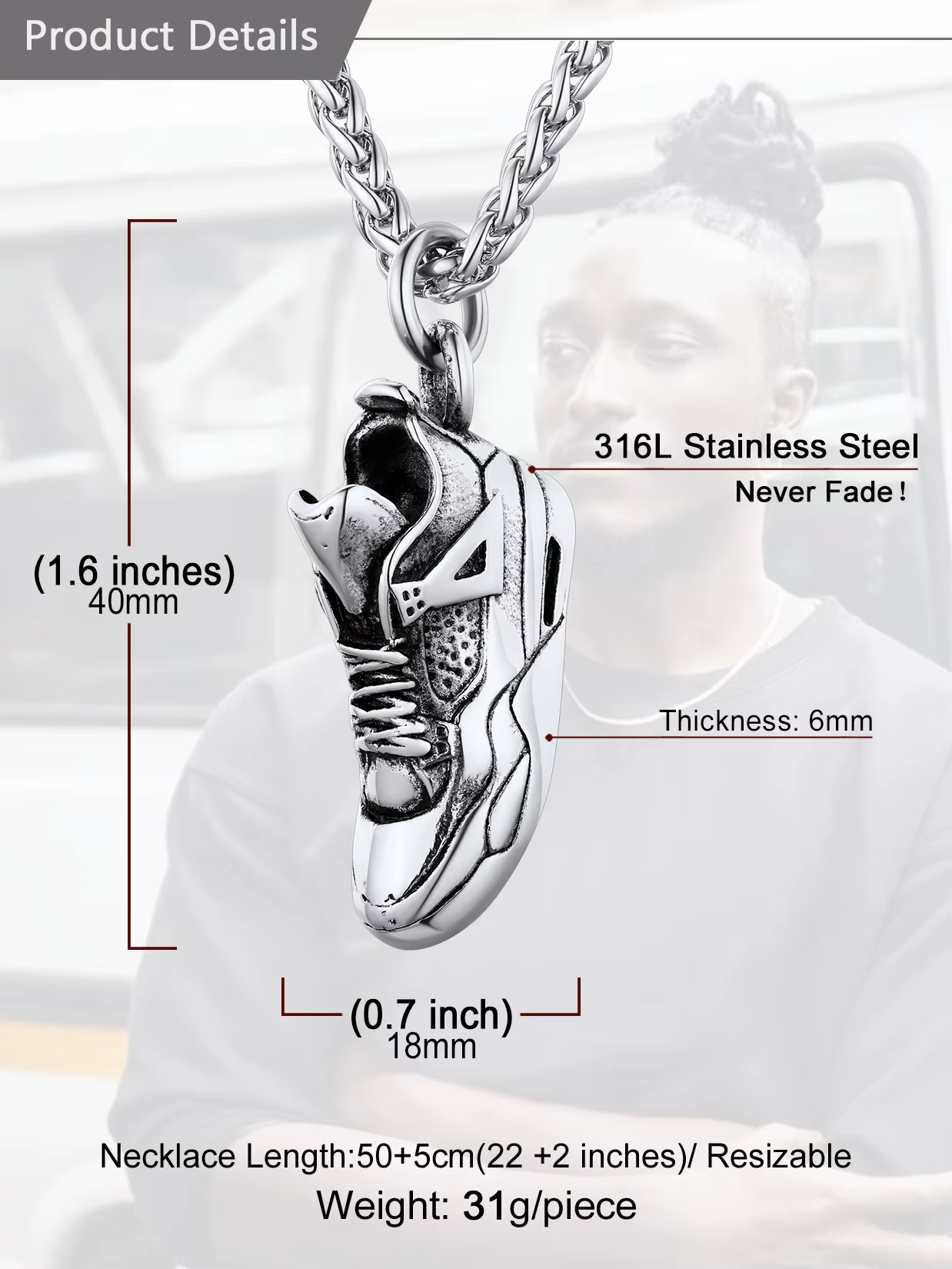 U7 collier de baskets en acier inoxydable pour homme couleur or noir chaussures de Sport de course charme coureur Sneaker Fanse bijoux cadeau pour lui