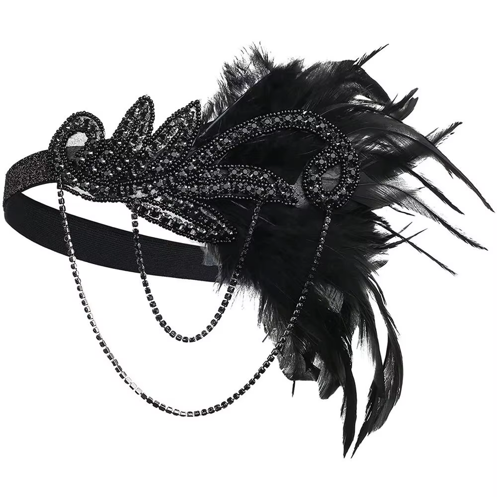 Robe de Cosplay Gatsby en chaîne, couvre-chef en plumes, accessoires de fête de mascarade, bandeau de Style coréen, cheveux à paillettes