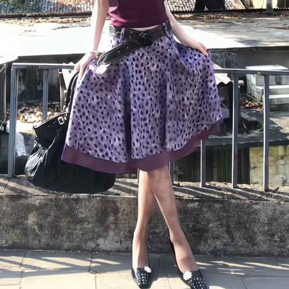 Ensemble style Spice Girl, haut sans manches violet charmant, jupe à pois taille haute, coupe régulière pour femme, été