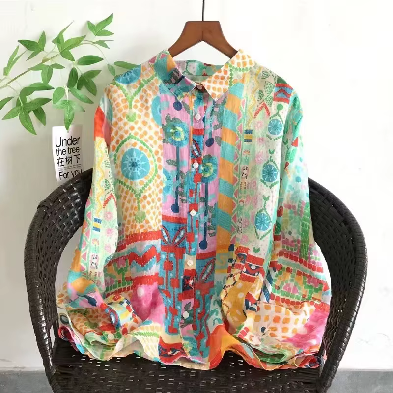 2025 chemise surdimensionnée femme été hauts femme espagne style vintage 100% ramie chemises à fleurs blouses à manches longues hauts