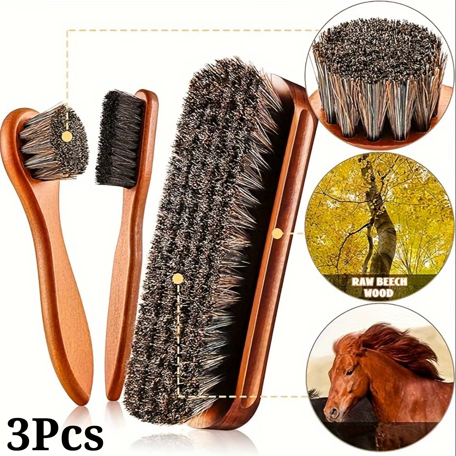 Brosse à chaussures brillante en crin de cheval, applicateur de polissage, brosse de soin des bottes et des chaussures, brosse de nettoyage des détails intérieurs de voiture, 3 pièces