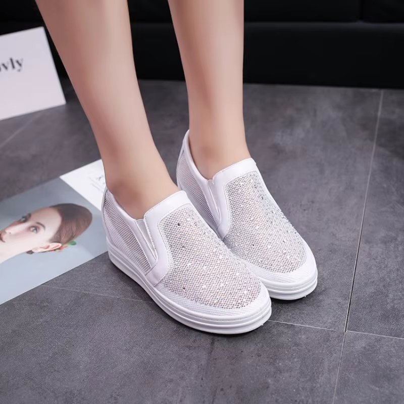 Plate-forme baskets à semelles compensées chaussures en cuir véritable Bling