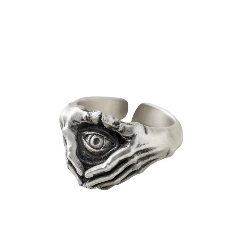 Bague ajustable pour homme, style gothique rétro, motif œil et mains, bijou ouvert, cadeau pour soirée