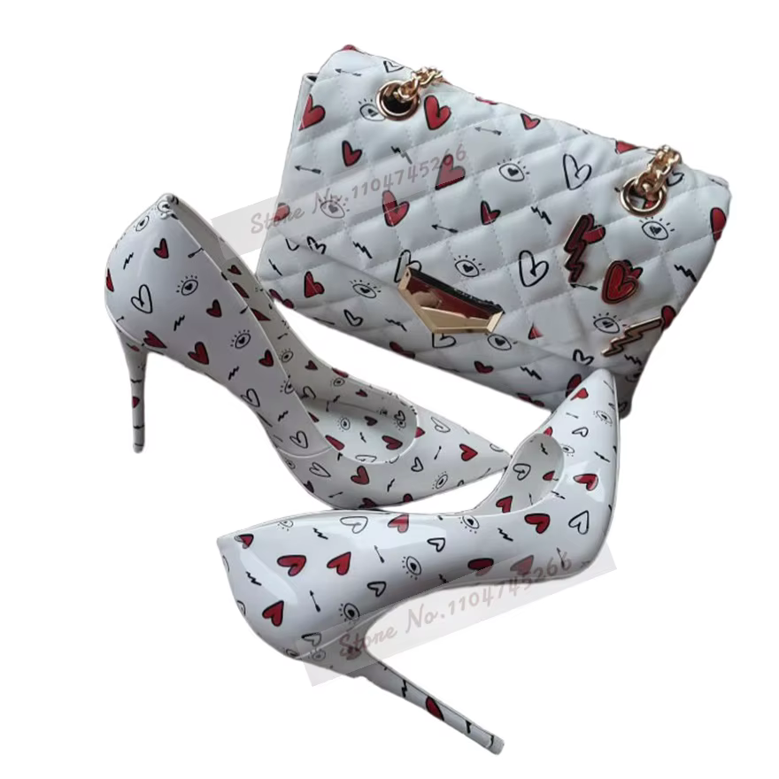 Chaussures à talons hauts imprimées cœur rouge pour femmes, en cuir blanc miroir, motif géométrique mignon, escarpins de soirée à enfiler, 12 cm