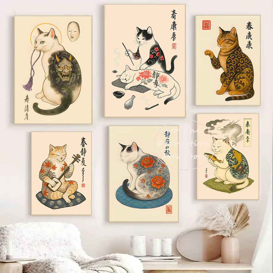 Affiche d'art sur toile de la série rétro des années 80, motif chat samouraï tatoué japonais, pour décoration murale de salon, café, club, chambre et maison