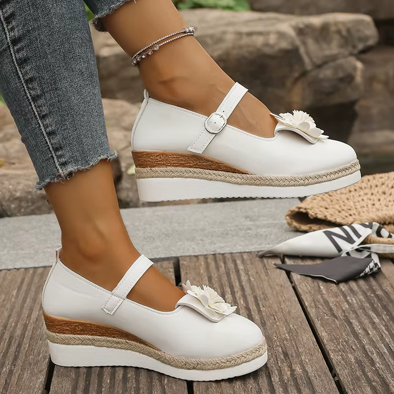 Blanc Mary Jane chaussures à semelles compensées pour femmes mode fleur décor Espadrilles sandales femme 2025 printemps automne décontracté plate-forme pompes