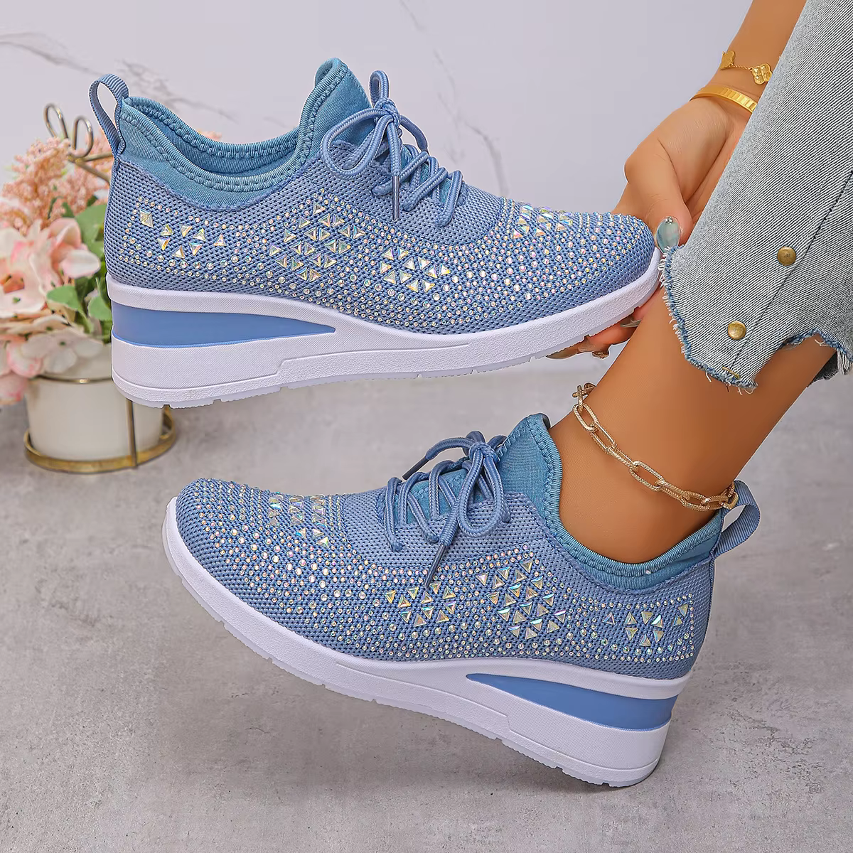 Chaussures grande taille pour femmes 36-43 automne mode confortable respirant à lacets plate-forme compensées maille