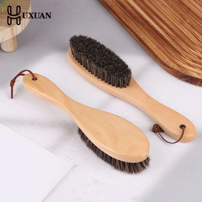 Brosse en crin de cheval, manche en bois, brosse pour vernis à chaussures, brosse de nettoyage du linge en crin de cheval doux, brosse de nettoyage antistatique
