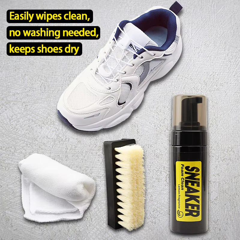 Kit de nettoyage à sec 150 ml pour chaussures blanches – Nettoyant moussant sans eau pour baskets avec brosse et