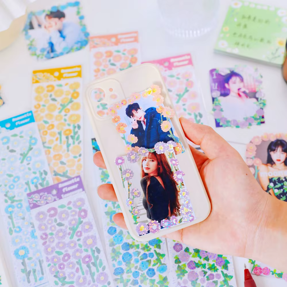 Autocollants d'hologramme de fleur de style coréen mignon, autocollant Kawaii pour KPOP, chargeur supérieur, décoration de bloc-notes de scrapbooking