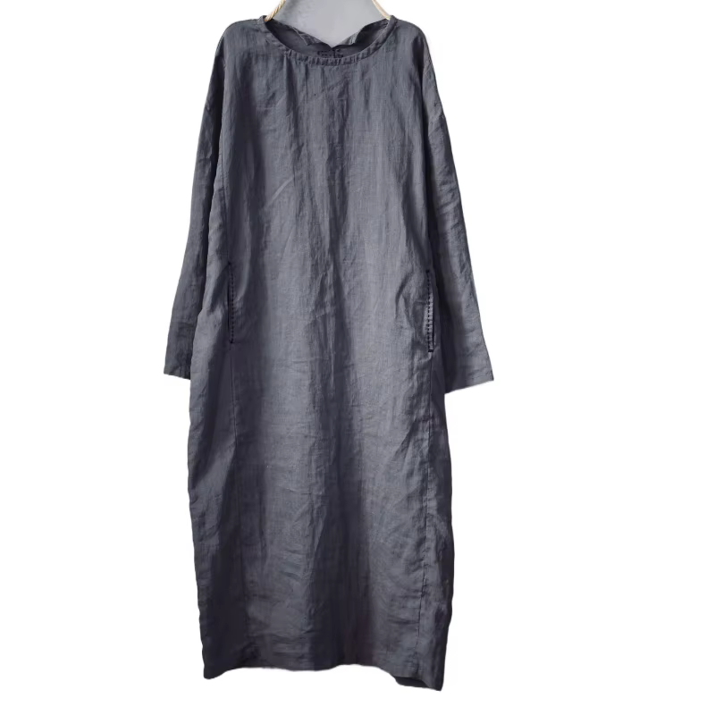 Robe décontractée oversize pour femme, nouvelle collection printemps 2026, style vintage, col rond, manches longues, faite main, coupe ample, en ramie délavée, style défilé