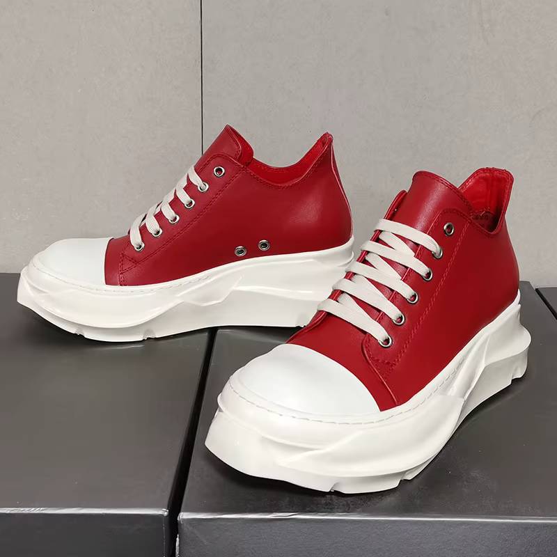 Femmes hommes rouge en cuir véritable baskets basses hauteur augmentant plate-forme chaussures plates mode tête ronde