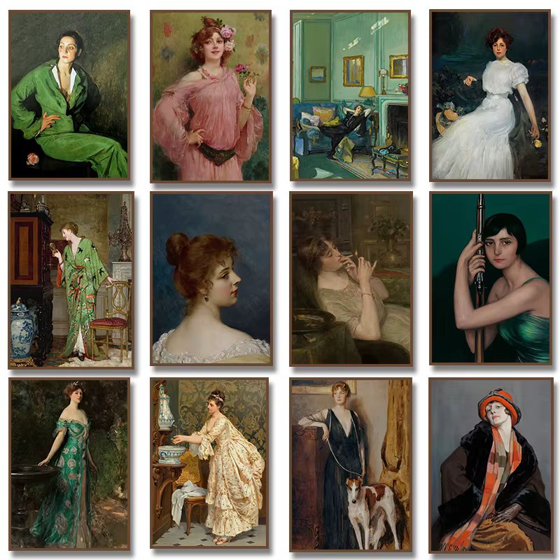 Affiche de portrait de femme de la Renaissance, peinture sur toile vintage victorienne féminine fumant, art mural tendance, décoration de salon
