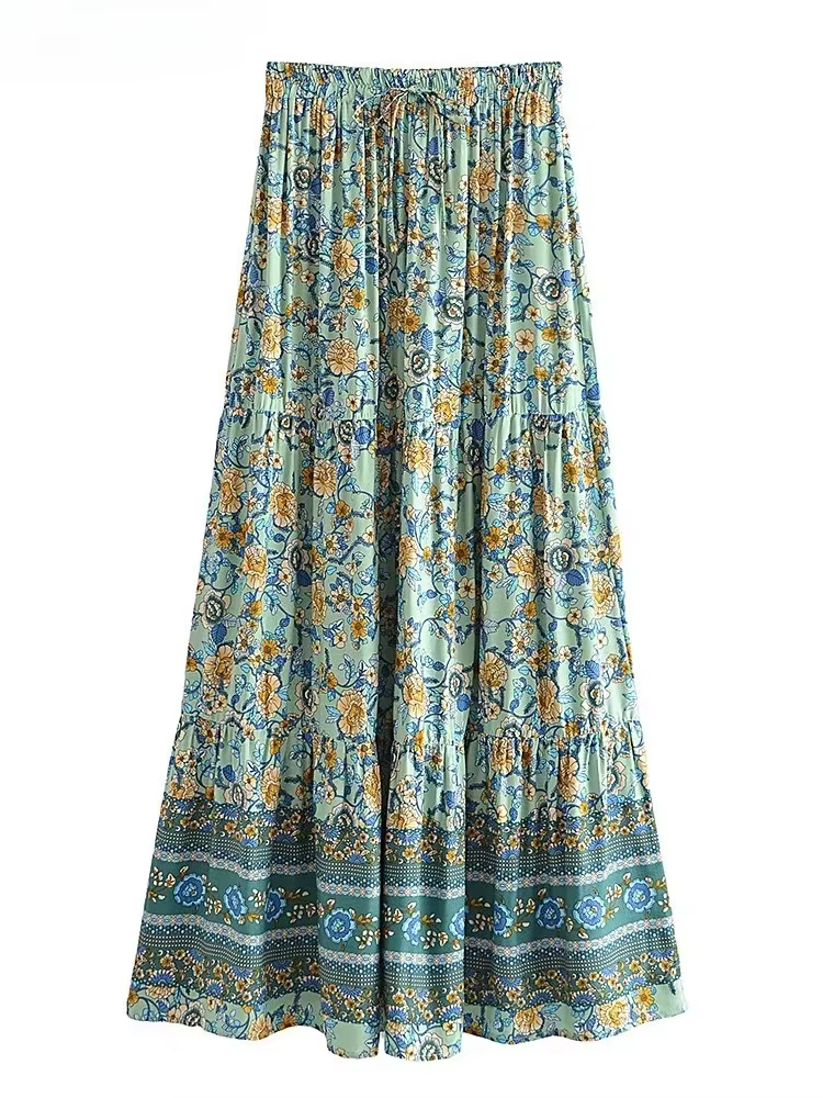 Jupe Vintage Chic à Imprimé Floral pour Femme, Style Bohème, Taille Haute artificiel astique, Gothique, Ligne A, Bohème, Maxi, pour la Plage